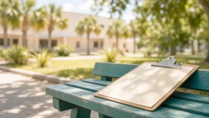 Clipboard on a bench outside a school
