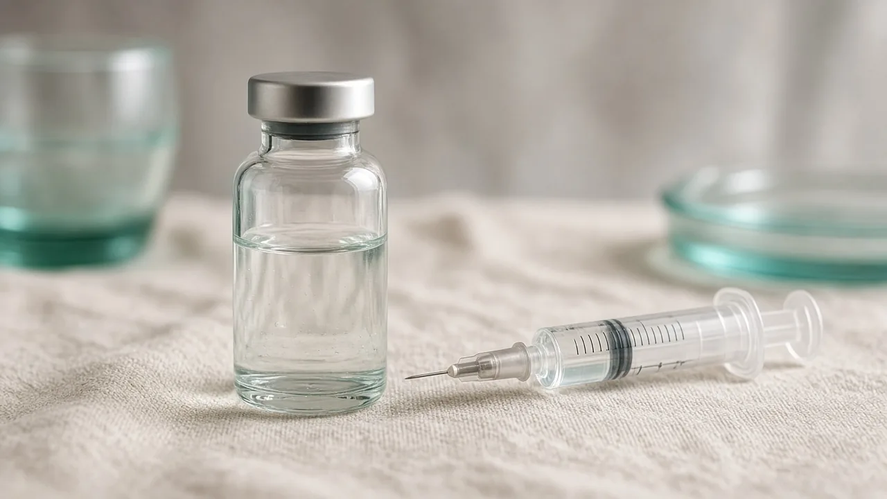 Vial and syringe on linen